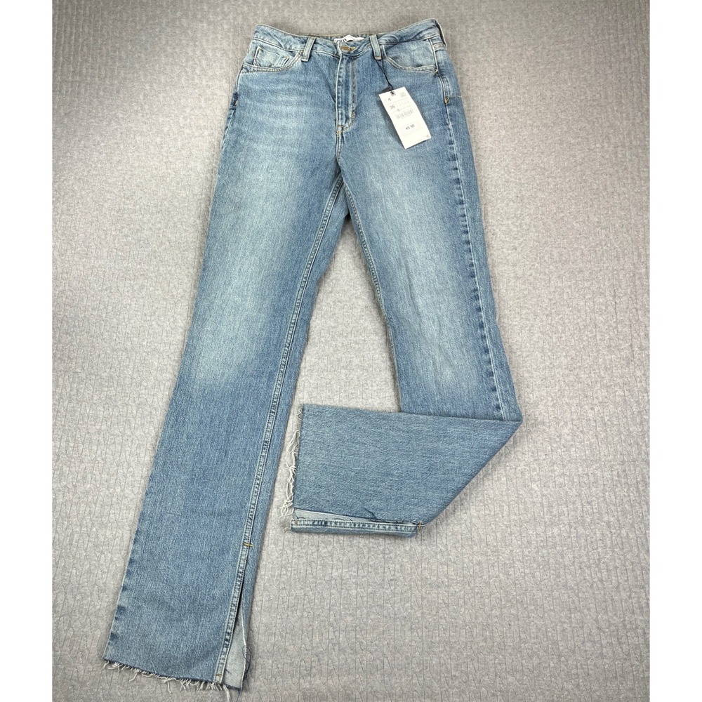 New Zara Bootcut Jeans Women 4/26X33 Light Wash Blue High Rise Raw Split Hem